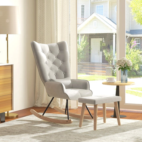 Rootz Lounge Chair with Stool - Rocking Chair - Upholstered Chair and Footstool - Velvet Padding - Rubber Wood Legs - Cream White - 66cm x 96cm x 101cm