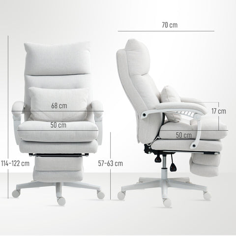 Rootz Roll Armchair - Linen Look - Office Chair - Height Adjustable Recliner - White - Footrest - 68cm x 70cm x 114-122cm
