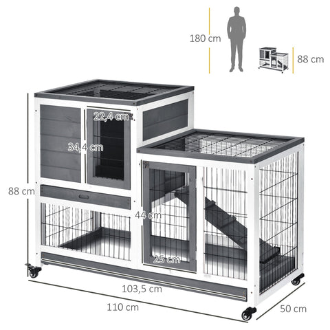 Rootz Rabbit Stable on Wheels - Rabbit Cage - Bunny Hutch - Spacious Comfort - 110cm x 50cm x 88cm