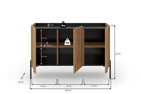 Rootz Sideboard - Storage Cabinet -Brown and Black - Easy-Care Surfaces - 120cm x 81cm x 40cm