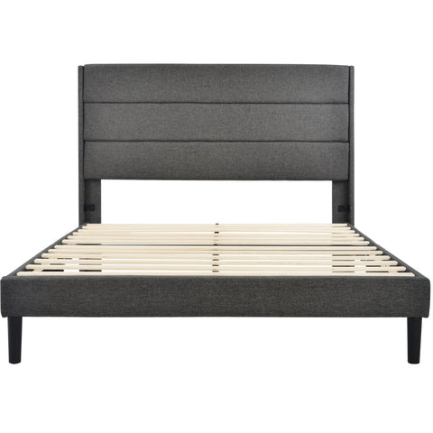 Rootz Double Bed with Padded Headboard - Fabric Cover - Upholstered Bed - Comfort - 146L x 210W x 111H cm - Dark Gray Design