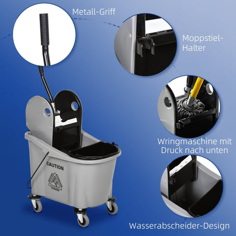 Rootz Industrial Cleaning Cart - Janitorial Cart - Mop Bucket - 36L Capacity - Water Separator - Non-Marking Wheels - Plastic and Metal - 54cm x 41.5cm x 91.5cm