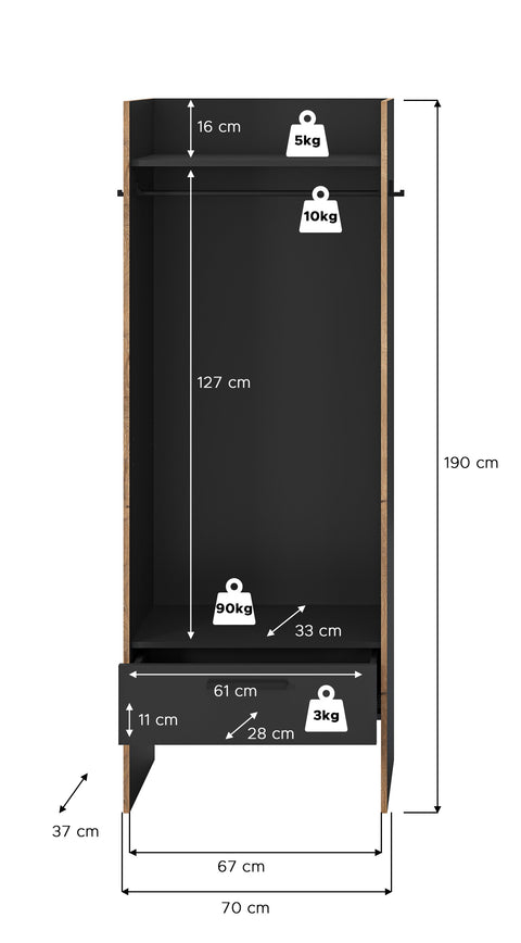 Rootz Wardrobe - Closet - Storage Unit - Saves Space - 70x189x37 cm - Black