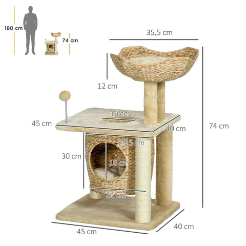 Rootz Cozy Chic Cat Tree - Elegant Feline Tower - Braided Reed Coaching - Plush Coverings - Scratching Posts - Sisal - 45cm x 40cm x 74cm