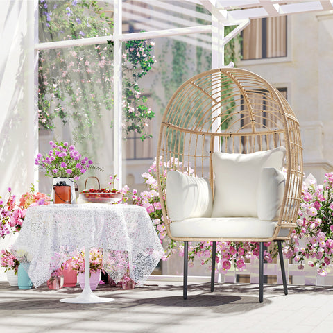 Rootz Rattan Egg-Shaped Armchair - Outdoor Lounge Chair - Patio Seating - Removable Pillow - Durable & Weatherproof - 95cm x 80cm x 155cm - Brown