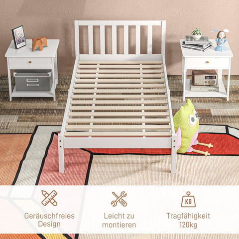Rootz Single Bed Frame - Pine Wood Bed - Natural Wood Frame - Storage Space - 208cm x 96cm x 70cm - White Frame - Mattress Not Included