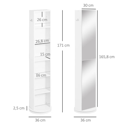 Rootz Bathroom Cabinet - Pivotant Mirror Cabinet - Rotating Storage Unit - 6 Shelves, Elegant Design - 36 x 36 x 171 cm - Durable Chipboard Construction