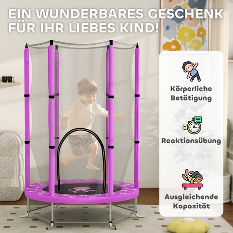 Rootz Children's Trampoline with Safety Net - Kids Bounce Platform - Jumping Mat - Extreme Jumping Power - Ø140 x 190H cm, Violet