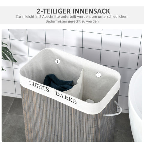 Rootz 100L Laundry Basket - Laundry Hamper - Clothes Sorter - Washable Bag - 52x32x63cm - Bamboo, Polyester, Cotton, Metal - Grey