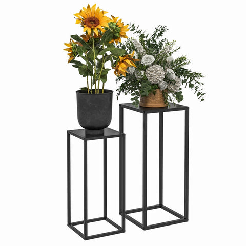 Rootz Set of 2 Industrial Style Flower Stands - Plant Stands - Black Steel - Two-tiered - Elegant Home Decor - 25cm x 25cm x 58.5cm, 31cm x 31cm x 65cm