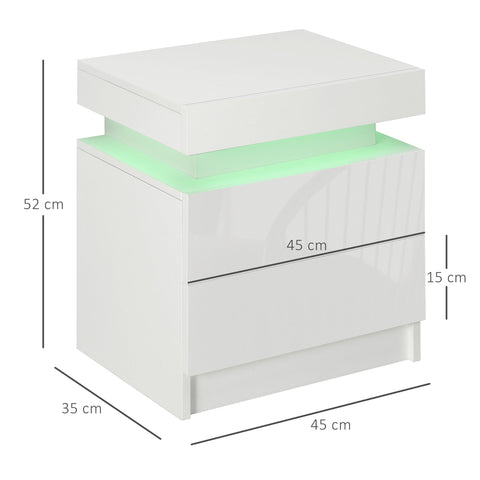 Rootz Bedside Table Nightstand - Modern Side Table - Glossy Bedside Unit - RGB LED Light - Two Drawers - 45W x 35D x 52H cm