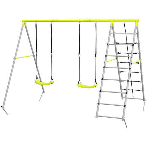 Rootz Children's Swing Set - with Climbing Net - Rung Ladder for Children - Steel Frame - Green - 260cm x 185cm x 180cm