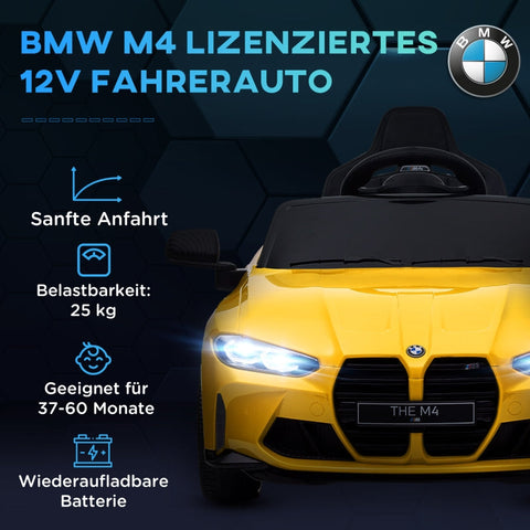 Rootz BMW M4 Electric Car for Kids - Ride On Toy - Battery Powered - 12V - 3-5km/h - Licensed - Remote Control - Working Lights - Music - Yellow - 108L x 69.5W x 51H cm