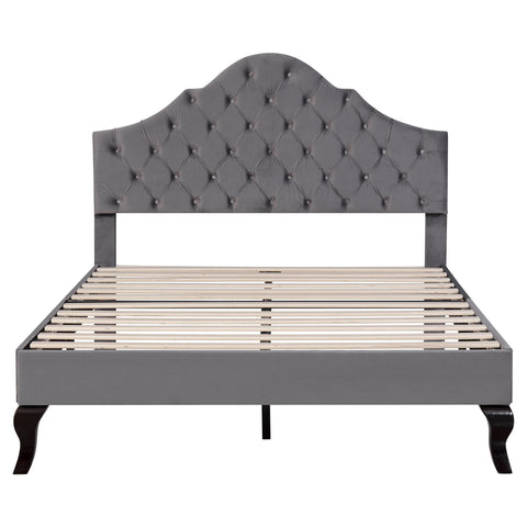 Rootz Upholstered Bed - Adjustable Headboard - Slatted Frame - Velvet Comfort - 203cm x 140cm x 118-124cm - Gray
