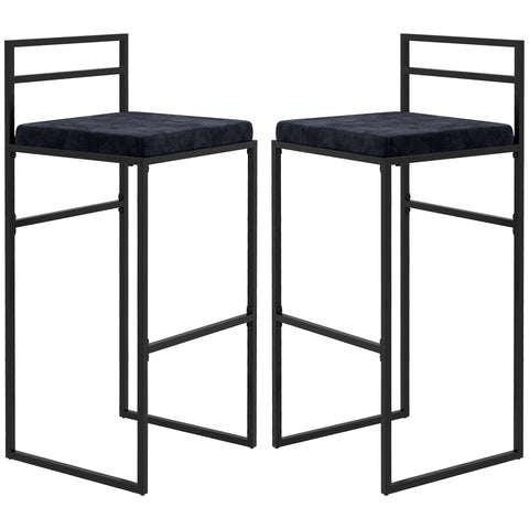 Rootz Set of 2 Velvet Bar Stools - High Chairs - Kitchen Stools - Comfortable Footrest - 42W x 40D x 91H cm - Black