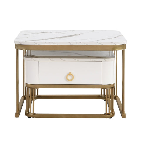 Rootz 2 Piece Coffee Table Set - Nesting Tables - High-Gloss Marble - Extra Storage - 60x60x45cm & 50x50x34cm