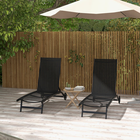 Rootz 2 Sun Loungers Set - Chaise Lounge - Recliner - Ergonomic Comfort - 195cm x 66cm x 34cm - Aluminum & Textilene, 150kg Capacity, Black
