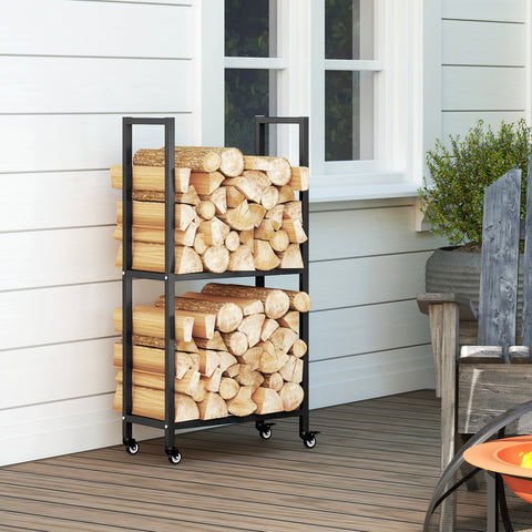 Rootz Firewood Rack – Indoor Log Holder – Steel Wood Storage – 2 Tiers, Rolling Wheels, Organized Firewood, 60 x 30 x 119 cm – Black