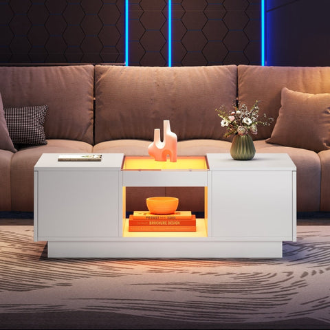 Rootz Modern Coffee Table - White Centerpiece - LED Accent Table - App-Controlled Lighting - 100cm x 50cm x 35.5cm