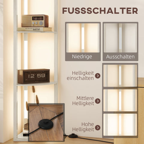 Rootz LED Floor Lamp Brown- Corner Shelf Light - Dimmable Standing Lamp - 4-Tier Storage - Warm White - 41x30x164cm - Space-Saving Design