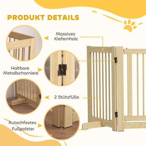 Rootz Wooden Dog Gate with Door - Pet Barrier - Folding Panels - Solid Pine Wood - 204cm x 36cm x 75cm