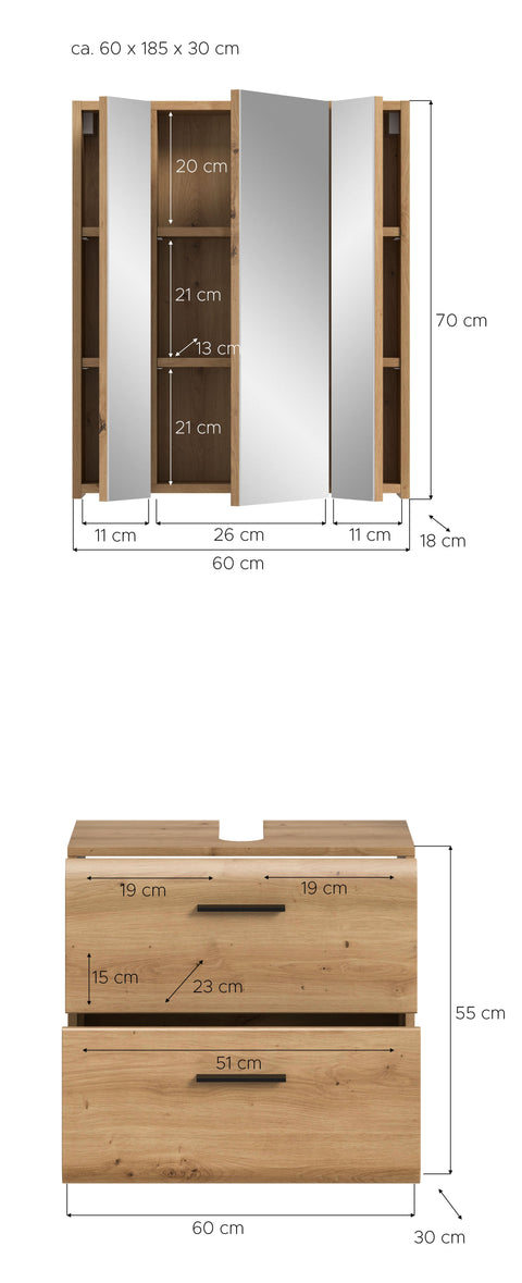 Rootz Bathroom Combination Set - Vanity Cabinet - Mirror Cabinet - Brown Finish - Space-saving Design - 60x185x30 cm