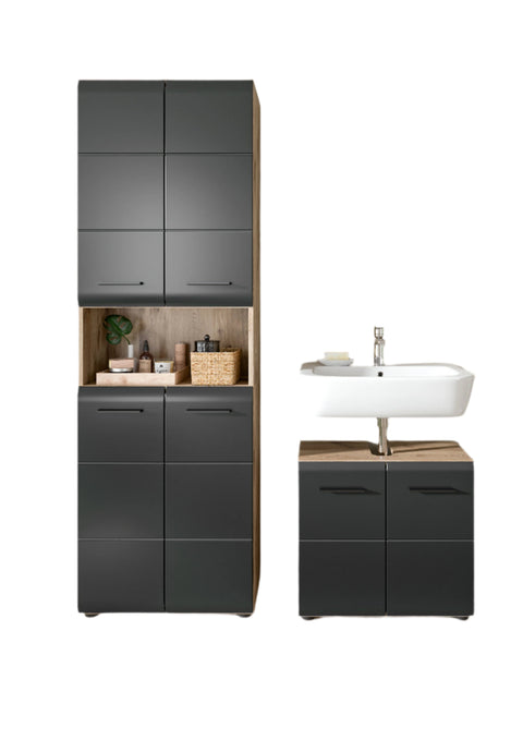 Rootz 3-Piece Bathroom Set - Vanity Unit - Storage Cabinet - High-Quality MDF - 135x185x30cm -Black & Brown Finish