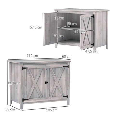 Rootz Wooden Garden Cabinet - Outdoor Storage Unit - Weatherproof Tool Shed - Barn Design -  Grey - 110cm x 60cm x 88.5cm