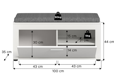 Rootz White Shoe Storage Bench - Entryway Organizer - Hallway Storage - 1 Height-Adjustable Shelf - 100cm x 44cm x 35cm