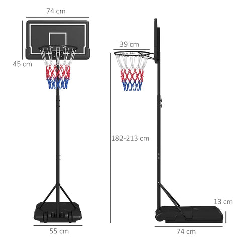 Rootz Basketball Stand - Height-adjustable - Mobile - Fillable - Shatterproof Back Wall - Basket Height - Steel-PE - Black - 1.82 - 2.13 M