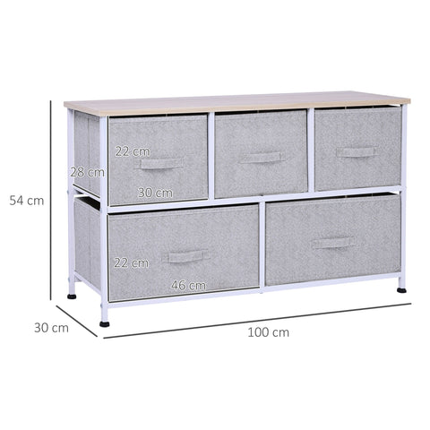 Rootz Chest of Drawers - Storage Furniture - 5 Drawer Dresser - Space-Saving - 100 x 30 x 54 cm - Steel Frame -   Grey Wood Finish