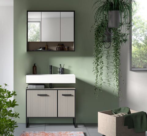 Rootz 2 Piece Bathroom Vanity Set - Washbasin Base & Mirror Cabinet - Space-Saving - Easy-Care Surface - 80x192x36 cm