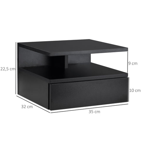 Rootz Set of 2 Floating Nightstands - Wall Bedside Tables - Extendable Drawers - Space Saver Design - Black Chipboard - 35W x 32D x 22.5H cm