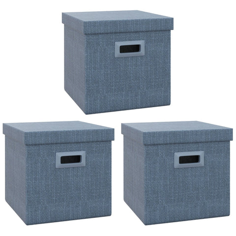 Rootz Storage Box Set - 3 Cubes - Collapsible Bins - Linen Look - Removable Lid - Side Handles - Space Saving - Blue - 30cm x 30cm x 29cm