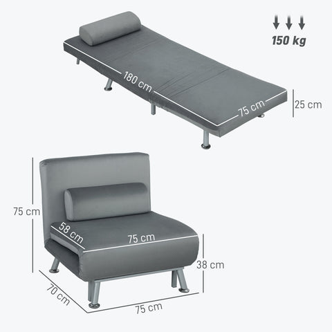 Rootz Folding Armchair with Bed Function - Convertible Chair - Velvet Sleeper - Space-Saving Comfort - 75 x 70 x 75 cm - Grey