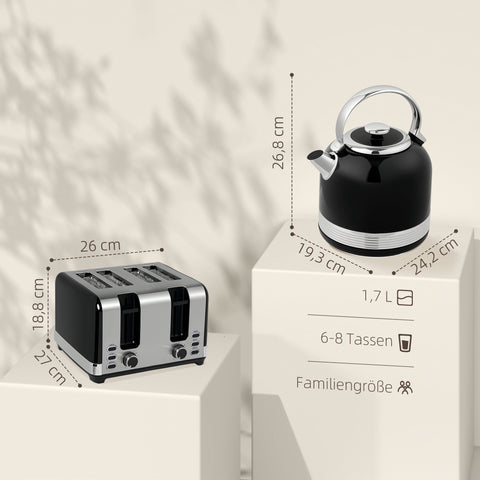 Rootz Kettle and Toaster Set - Breakfast Combo - Kitchen Essentials - 7 Browning Levels - 1.7L Capacity - Black/Silver - 27cm x 18.8cm