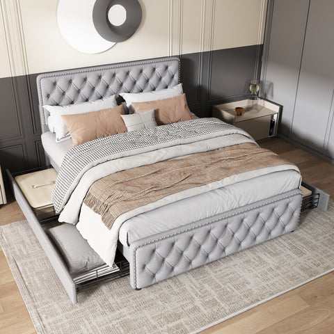 Rootz Upholstered Bed - Platform Bed - Storage Bed - Height-Adjustable Headboard - 211.5cm x 160cm x 108.5cm - Light Gray Linen Fabric
