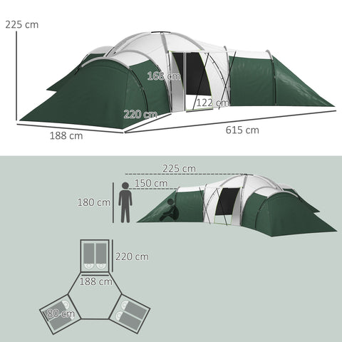 Rootz Camping Tent for 6-9 People - 4 Room Tents - Waterproof Tents - Ultimate Comfort - 615x615x225cm