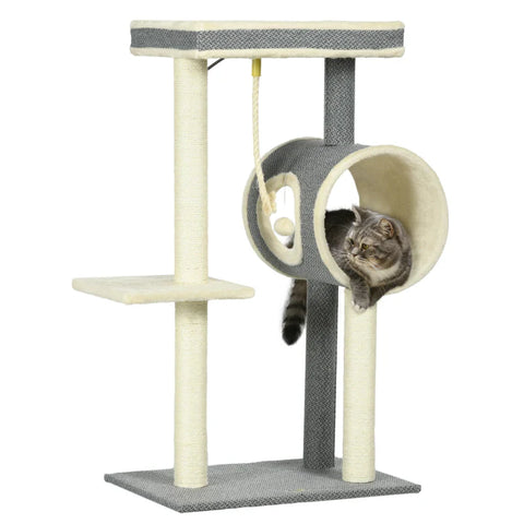 Rootz Cat Scratching Post - 1 Cat Cave - 2 Lying Surfaces - Chipboard - Plush - Imitation Linen - Gray + Natural - 60 cm x 40 cm x 104 cm