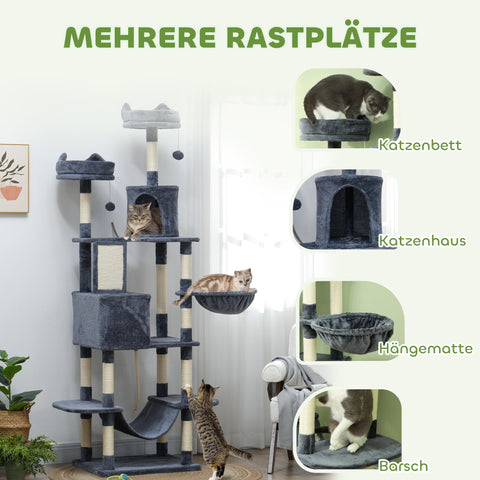Rootz 206 cm Cat Tower - Scratching Tree - Activity Center - Sisal Trunks - Spacious Condos - 60L x 50B x 206H cm - Grey, White