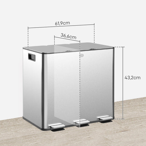 Rootz Garbage Can - Trash Bin - Waste Container - Fingerprint-proof Soft-Close - Silver - 61.9 x 36.6 x 43.2 cm