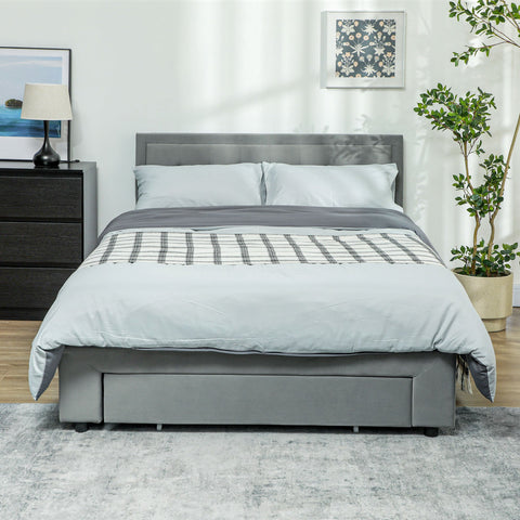 Rootz Double Bed Frame - Velvet Upholstered Bed - Adjustable Headboard - Storage Drawer - Hydraulic Slats - 145cm x 203.5cm x 95-104cm