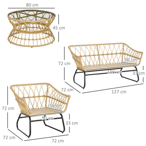 Rootz 4-Part Garden Furniture Set - Rattan Sofa Set - Patio Seating - Comfort Cushions - Sofa 127x72x72cm, Armchair 72x72x72cm, Table Ø80x45cm