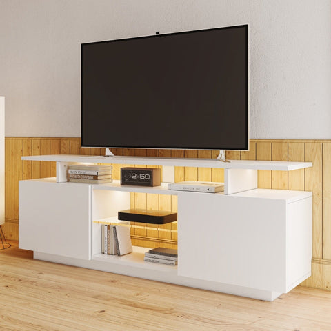 Rootz Modern White TV Cabinet - Media Console - Entertainment Unit - 16-Color LED Lighting - 140cm x 35cm x 61cm