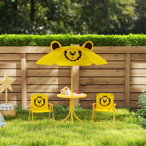 Rootz Children's Garden Furniture Set - Kids Chairs & Table - Lion Design - Adjustable Parasol - Easy Storage - Chair 36.5x38.5x50cm, Table Ø49.5x50h cm