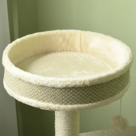 Rootz Scratching Post - Cat Tree - 1 Cat Bed - 1 Cat Cave - 2 Lying Areas - Chipboard - Imitation Linen - Brown + Beige + White - 124 cm x 59 cm x 40cm