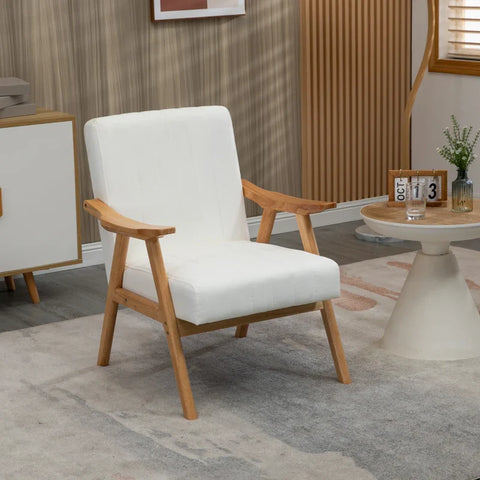 Rootz Upholstered Armchair - In Scandi Design - Velvet Look - Solid Wood Frame - Rubber Wood - Natural + Cream - 68 x 74 x 82cm