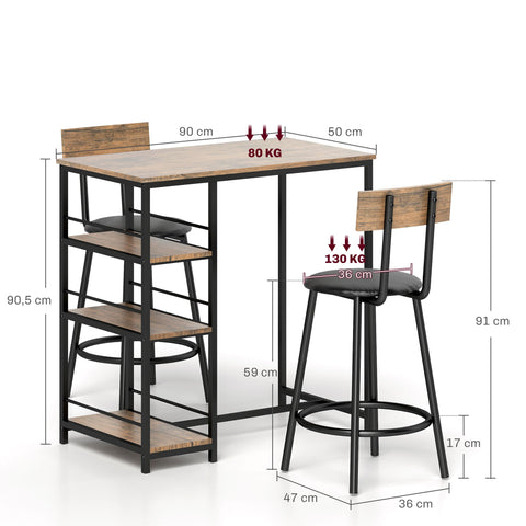Rootz 3-Part Eating Set with Bar Table - Small Kitchen Set - Space-Saving Dining - Extra Storage, 90 x 50 x 90.5 cm Table, 36 x 47 x 91 cm Chairs