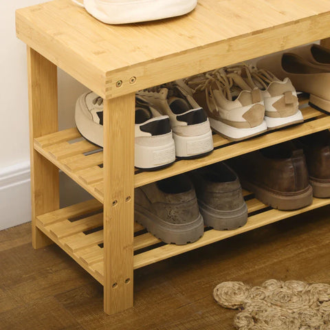 Rootz Shoe Bench - 3 Levels - Shoe Rack - Space For 6-9 Pairs Of Shoes - Up To 130 Kg - Bamboo - Natural - 70 x 28 x 45cm