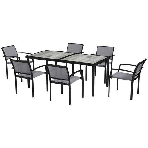 Rootz 7 Piece Eating Set - Garden Dining Set - Outdoor Furniture - Stackable & Easy to Clean - Steel Frame - Table 180x87x72cm, Chairs 55.5x59x80cm, Grey